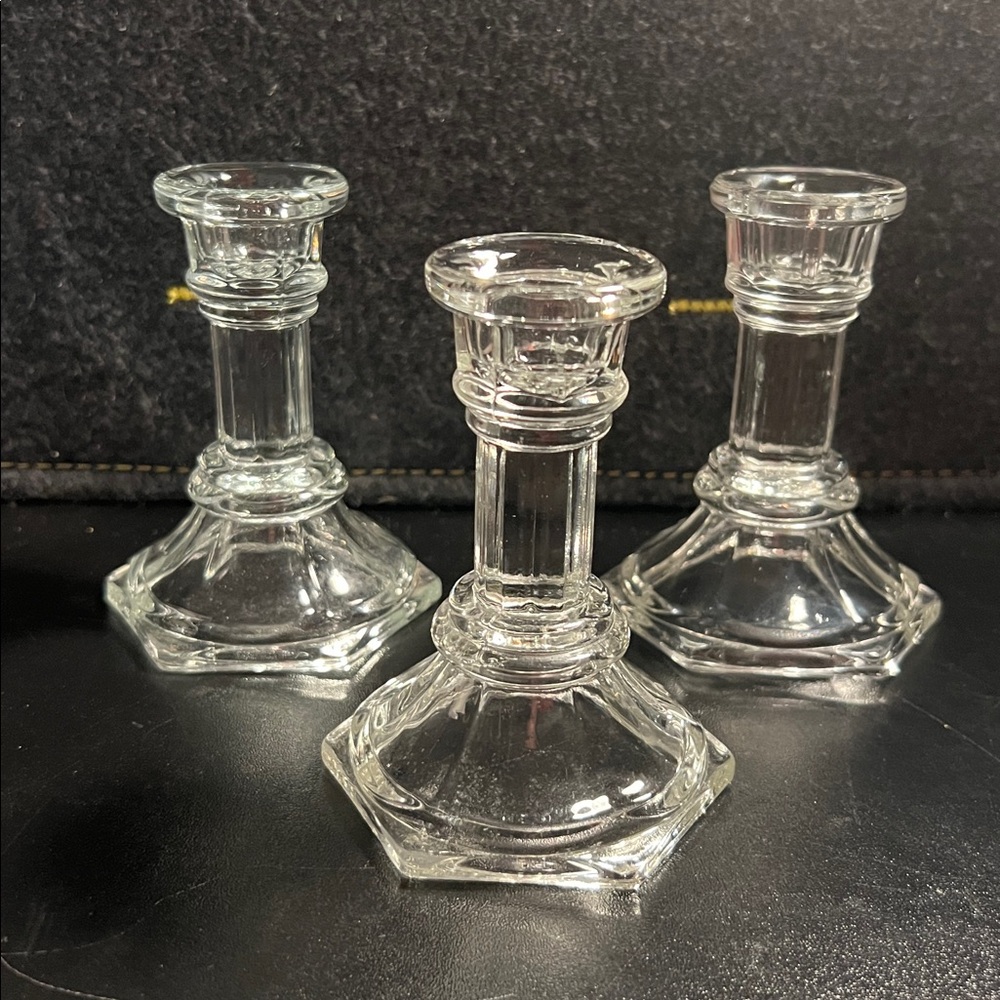 Set‎ of 3 Clear Glass Taper Candle Holders Hexagonal Base Fluted Column 4.5 inch